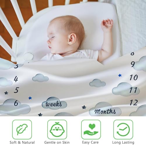 Image of Airplane Theme Baby Monthly Milestone Blanket for Boys, Soft Flannel Aircraft Pilot Cloud Stars Pattern Photography Prop Baby Shower Age Newborn Mom Gifts Nursery Decor (Blue, 48x40in)