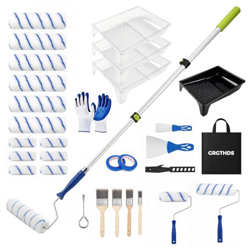 Kit de rodillos para pintura 33 piezas con poste extensible de 1.7-4 pies y bolsa de transporte, suministros para pintura de paredes con rodillos de 4" y 9", pinceles, bandeja con forros, guantes y cintas para paredes, techos, pisos, pintura en el hogar miniatura 1