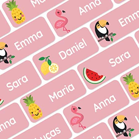 My Nametags® Award-Winning Name Stickers for Clothes & Items | 56 No-Iron, Washable Stick-On Tags for Babies, Kids & Adults | Tropical Stickers (Pink)