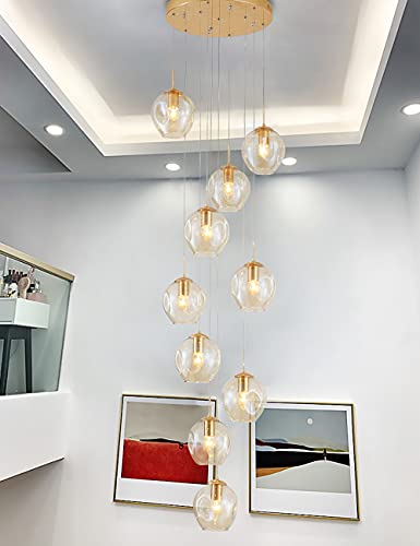 Suspension luminaire grande hauteur 10 boules verre lustre moderne pour salon et entrée