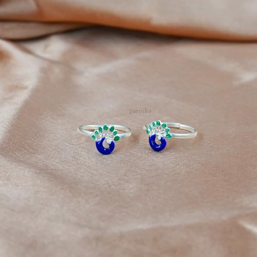 Image of Parnika MJ Exuberant Colourful Peacock Design Toe Rings in Pure 92.5 Sterling Silver for Women | Chandi bichiya | With Certificate of Authenticity |
