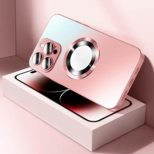Étui de charge sans fil magnétique en verre trempé rose mat pour iPhone 15 Pro Max