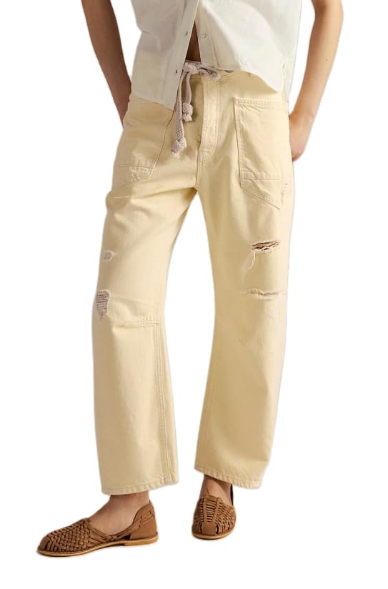 FOMOYUU Baggy Barrel Horseshoe Jeans for Women Wide Leg Patchwork Low Rise Causal Drawstring Denim Pants with Pockets