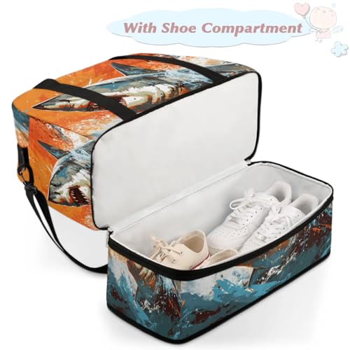 Travel Duffel Bags Ocean Shark Foldable Weekender Bags for Women with Shoes Compartment Waterproof & Tear Resistant Carry on Overnight Luggage Duffel Bag Shoulder Sports Tote Bag,B-9934