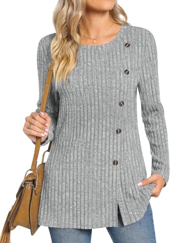 Image of TAOHUADAO Women's Long Sleeve Jumpers Crewneck Tunic Tops with Button Sides Loose Casual Fall Sweater Shirts for Leggings L, Light Grey