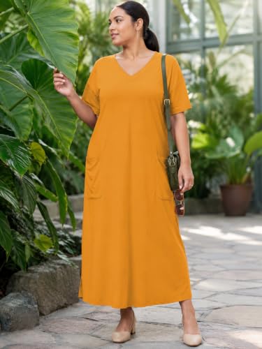 Image of SUZONANA Women Casual T-Shirt Dress V Neck Short Sleeve Solid Color Oversize Dress with Front Two Pockets