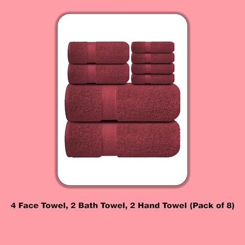 Image of Sulfar 100% Combed Cotton, 8 Pcs Towel Set - 2 Bath Towels (70 x 140 cm), 2 Hand Towels (40 x 70 cm) and 4 Face Towel (30 x 30 cm) (600 GSM, Pack of 8) Red Wine