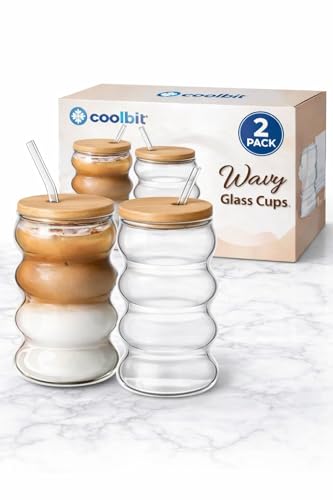 Image of COOLBIT Round Wave Looked Glass Cola Mug CanCoffee Glass Sipper with Straw-500ml-Pack of 2- Milk Cup -Juice Green Tea Glass Tumbler with Straw