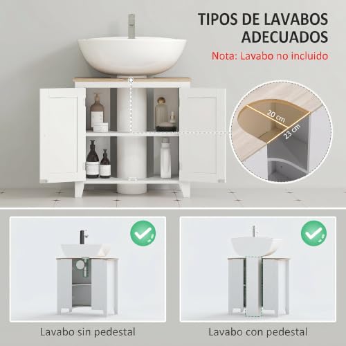 Miniatura 4 de Kleankin Mueble Bajo Lavabo Mueble De Baño Con 2 Puertas Y Estante Ajustable Armario De Baño Para Lavabo Con O Sin Pedestal Estilo Moderno 60x30x60 Cm Blanco
