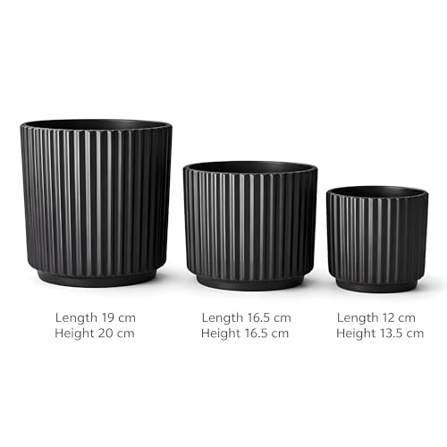 Image of Xtore Architectural Ceramic Ribbed Planter Set | Matte Finish Cylindrical Plant Pots for Home, Office & Living Room Decor - (Set of 3, Black, Planter ONLY)