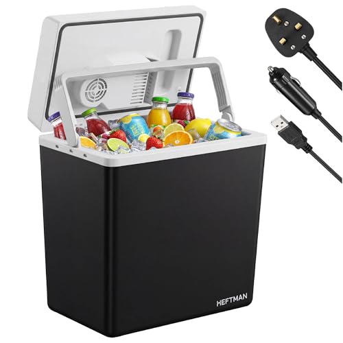 HEFTMAN 20L Electric Cool Box - Electric Cooler Box 12V 240V with Mains Plug USB-A Cable & 12V Car Plug Hot & Cold Functions Insulated Portable Plug in Cool Box for Car Camping Travel & Home Use
