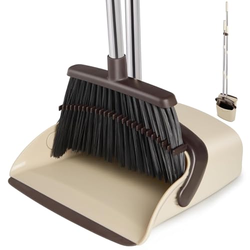 Image of Broom and Dustpan Set with Long Handle | Upright Standing Dustpan with Teeth Comb | Heavy Duty Floor Cleaning Broom Set for Home Kitchen Office | Long Stick Jhadu Set for Easy Cleaning, No Bending