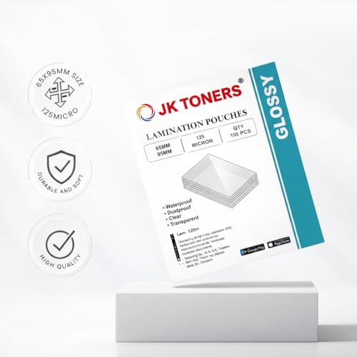 Image of JK Toners 65mm x 95mm 125micron Laminating Pouches, Clear Glossy Finish, Waterproof | Perfect for Document & Certificate Protection (65mm x 95mm) (Pack of 2)