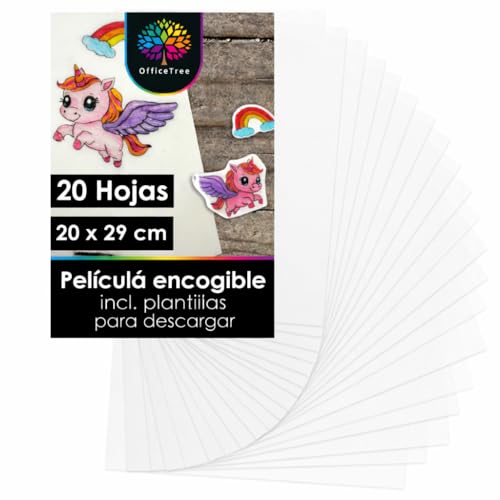 OfficeTree 20x Lamina Plastico Magico Imprimible 20 x 29 cm - Papel Magico Horno con Plantillas Descargables - Láminas de Plástico Mágico para Manualidades Joyas o Llaveros - Shrink Plastic