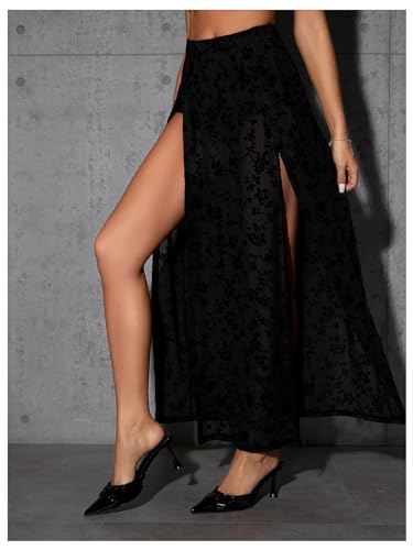 Verdusa Women's Double Split Floral Mesh High Waist Flowy Maxi Long Skirt with Short4