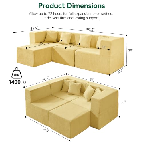 Image of MONVANE 103 inch L-Shaped Modular Sectional Sofa, Yellow