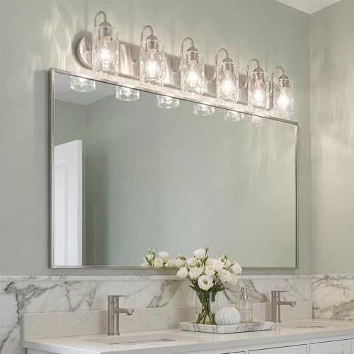 Image of Kira Home Armada II 48 inch 6-Light Modern Over Mirror Vanity /Bathroom Light, Hammered Glass Shades, Traditional Curved Arms, Brushed Nickel Finish, Pack of 2