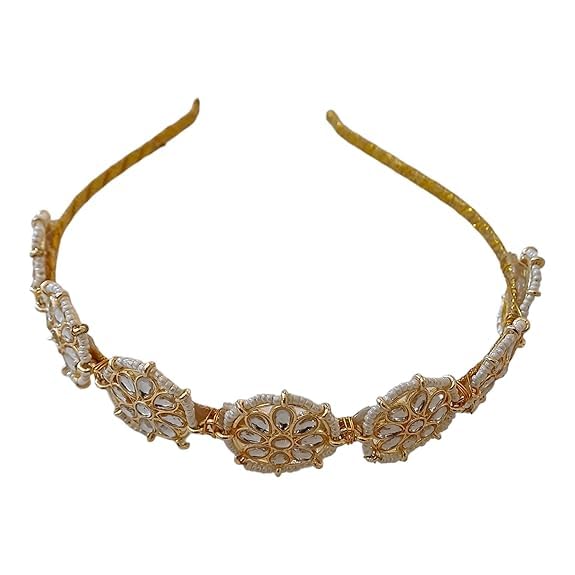 Fantastic USA Floral Kundan Studded Matha Patti Sheesh Patti Wedding Hairband Traditional Golden Celebrity Headband Hair accessory Jewellery for Women and Girls