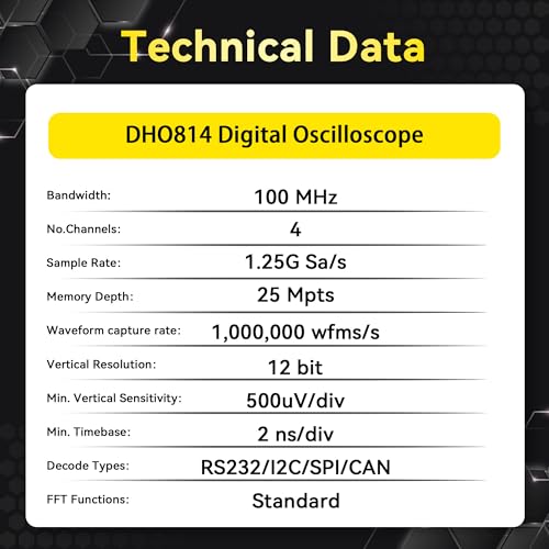 Image of RIGOL Digital Oscilloscope DHO814 100 MHz 4-Ch 1.25 GSa /s 12-bit 25 Mpts UltraAcquire 1,000,000 wfms /s 7 inch Touch LAN /USB /HDMI Web Control SCPI for Power Ripple MCU Bus Debug | 1.25 GSa /s, 7 inch HD Touchscreen, USB-C Powered Portable Oscilloscope for Advanced R&D, Lab & PCB Debugging