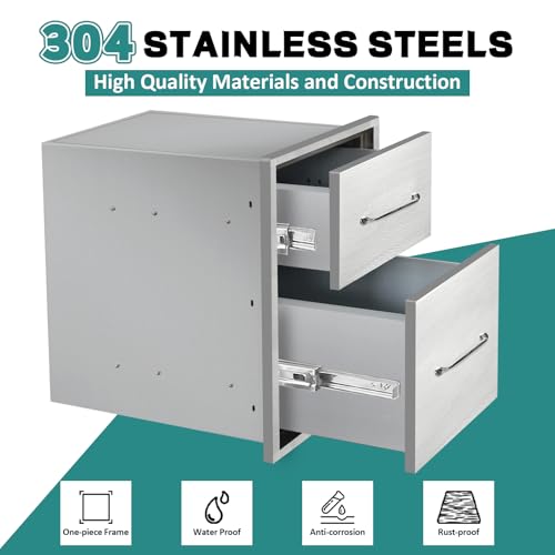 Image of Outdoor Kitchen Drawers 14 inch W x 21 inch H x 21 inch D Stainless Steel Drawer BBQ Double Drawers with Chrome Handle for Outdoor Kitchen Island, Patio Grill Station