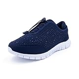 Cushion Walk Women's EEE Extra-Wide Fit Slip-On Bungee Memory Foam Trainers Gym Shoes (UK 8, Navy)
