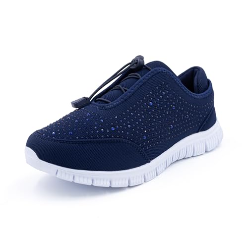 Cushion Walk Women's EEE Extra-Wide Fit Slip-On Bungee Memory Foam Trainers Gym Shoes (UK 6, Navy)