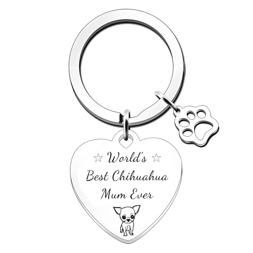 Nhemeylp Portachiavi con chihuahua e scritta "World's Best Chihuahua Mum Ever", in acciaio inox, a forma di cuore, regalo divertente per compleanno e Natale, Multicolore, 6 cm