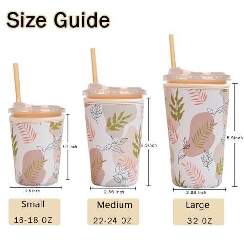 Image of Reusable Insulated Sleeve for Iced Coffee Cup, 3-Pack Coffee Neoprene Drink Sleeve for Cold & Hot Drinks, Beverage Holder for Iced Coffee (Boho Fronds)