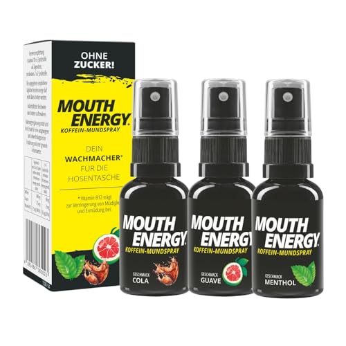 MOUTH ENERGY Koffein-Mundspray Try-Me-Set (3 Sorten) | Dein Wachmacher für die Hosentasche - Energy Drinks, Koffein-Tabletten & Pulver war gestern | Mit Vitamin B12 & Taurin [zuckerfrei]