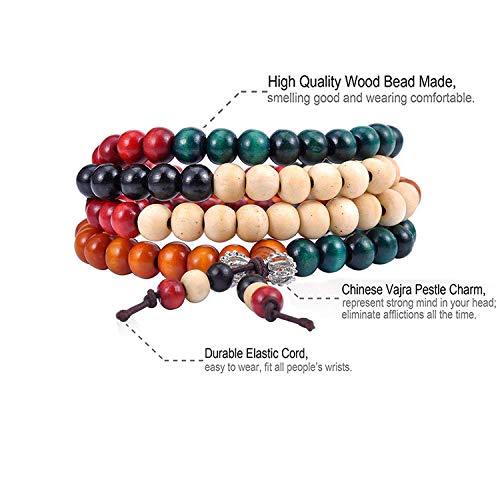 K&Q 9 Pcs Mens Womens Wood Chain Bracelets, Handmade Multilayer 8MM 108 Buddhist Strand Wood Mala Beaded Elastic Bracelet Necklace-Meditation Prayer Beads for Yoga, Spiritual Protection & Good Luck4