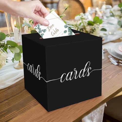 Image of 1 Pack Black and Silver Foil Card Box for Party, 8.7 inch Black Gift Card Box Money Box for Birthday, Wedding, Baby Shower, Retirement, Anniversary, Bridal Shower, Raffle Ticket