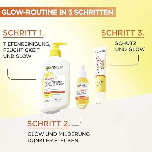 Garnier Gesichtsreinigung für fahle, unebenmäßige Haut, Reinigend und feuchtigkeitsspendend, Mit Vitamin C und Glycerin, Vegane Formel, Glow Booster Cream Cleanser Vitamin C, SkinActive, 250 ml