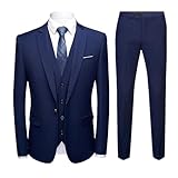 Hommes 3 pièces Ensemble de fête de Mariage Une Boucle Veste Gilet et Pantalon Revers Slim Costume décontracté (Bleu Marine 1,5TG)