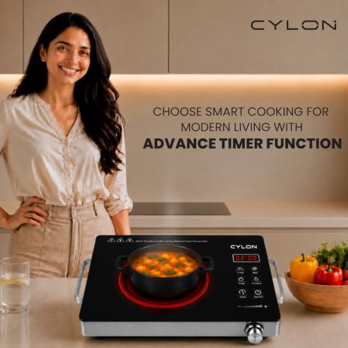 Image of CYLON InfraMate 2200W Infrared Cooktop Stove with Grill Rack, Crystal Glass Top, Digital Display, Touch Control, Compatible with All Cookware, Infrared Hot Plate, Black