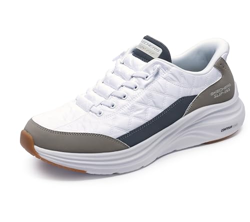 Skechers Contour Foam Cozy Fit, Zapatillas Hombre, White Mesh/Duraleather/Taupe Trim, 47.5 EU