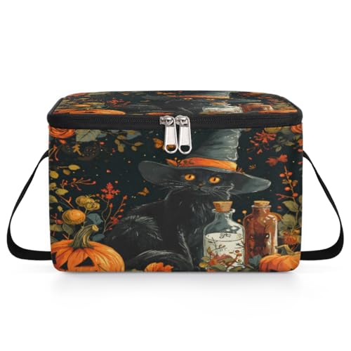 GzLeyigou Halloween Black Cat Lunch Bags for Women Men 9 Cans, Hot & Cold Food Delivery Bag Insulated Grocery Bag Insulated Lunch Box Cooler Bag for Office Work Picnic Beach