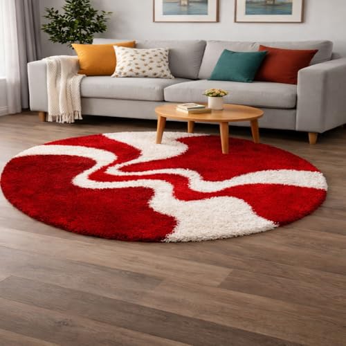 Image of Vintage Threads (Red 3D 4x4 Ft Shaggy Carpet for Living Room & Bedroom | Ultra Soft Plush Long Pile Rug | Thick Fluffy 3D Modern Floor Carpet | Cozy Luxury Home Decor Rug