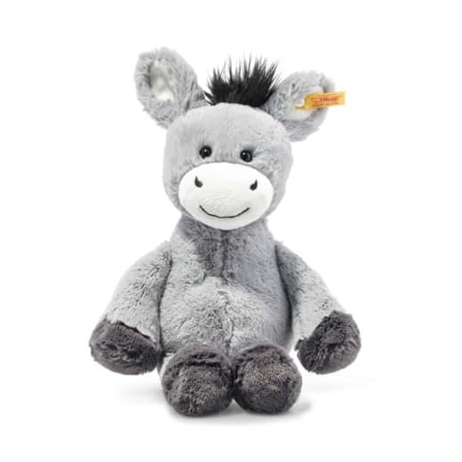 Steiff 073748 Original Plüschtier Dinkie Esel, Soft Cuddly Friends Kuscheltier ca. 30 cm, Markenplüsch mit Knopf im Ohr, Schmusefreund für Babys von Geburt an, graublau