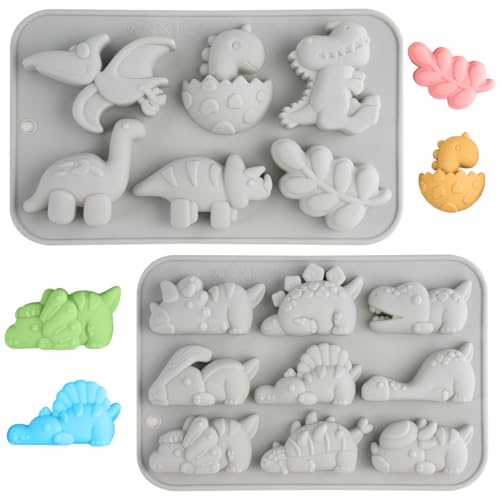 Lot de 2 Moule en silicone en forme de dinosaure, moules à chocolats en silicone pour dinosaures, Mignon Silicone Animal Moule, pour Chocolat, Cupcakes, Cire,...