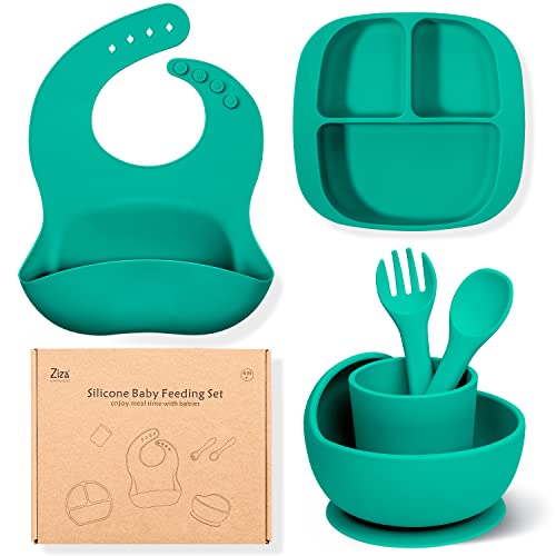 Image of Baby Led Weaning Supplies for Toddlers Ziza Silicone Baby Feeding Set of 6-Infant Solid Feeding Utensils Kids Divided Suction Plates Bowls Sets with Feeding Bib, Open Cup, Spoon & Fork (Green)