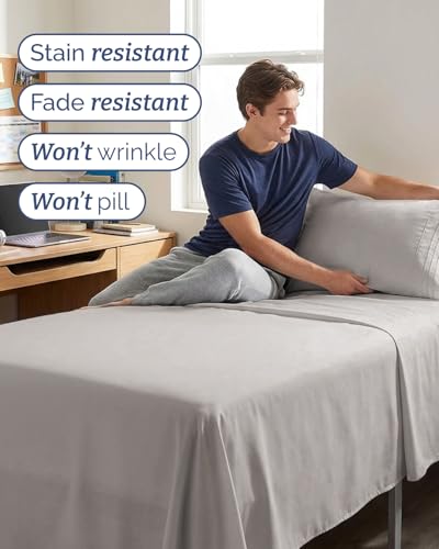 Image of Twin XL 4 Piece Sheet Set - College Dorm Room Essentials - Light Grey | Ultra Soft Dorm Bedding Set, 8 inch to 16 inch Inch Deep Pockets, 1 Flat & 1 Fitted Sheet & 2 Pillowcases, Wrinkle & Fade Free