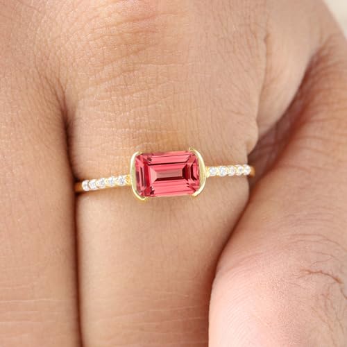 Padparadscha Sapphire Ring, Emerald Cut Stone Statement Jewelry, 14K Solid Gold Engagement Ring, Diamond Promise Ring Gift for Her3