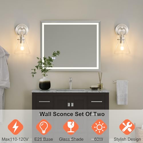 Image of Wall Sconces 2 Pack Vanity Light Fixture for Bathroom Nickel | Wall Mount Lighting Lamp, Farmhouse Wall Lights 6'' Clear Glass, Hardwired for Mirror