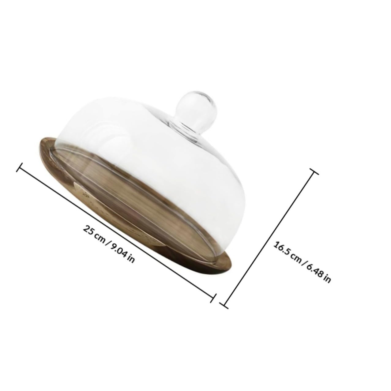 CLISPEED Bandeja de Madera Acacia 25 Cm Cúpula de Vidrio Transparente, Soporte para Pasteles y Postres, Bandeja de Exhibición para Repostería, Adecuado para Cocina y Eventos