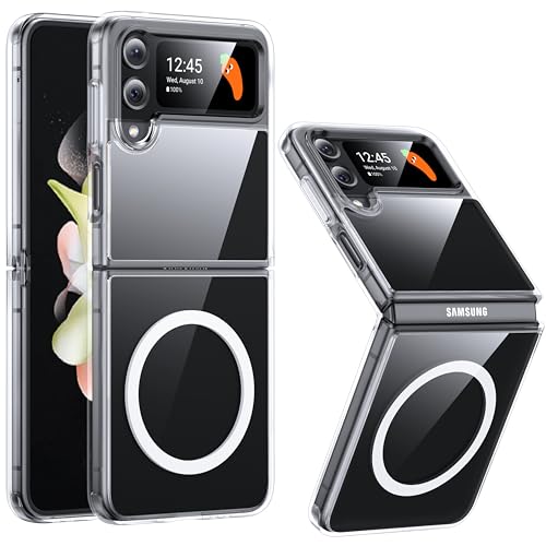 Image of NO.1 Magnetic for Samsung Galaxy Z Flip 4 Case Compatible with MagSafe [Crystal Clear] [Anti-Yellowing][Military Shockproof] Slim Hard Case with Silicone for Samsung Flip 4 Case,Transparent