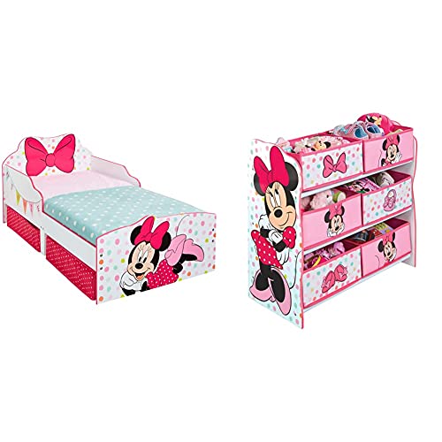 Minnie Mouse - Lit pour Enfants avec Espace de Rangement sous Le lit & Minnie Mouse - Meuble de Rangement pour Chambre d’Enfant avec 6 bacs