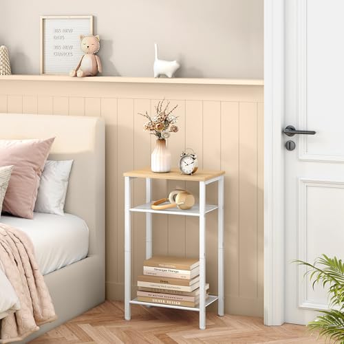 Image of Hoctieon 2-Set 3 Tier End Table, Telephone Table Set of 2, Tall Side Table with Storage Set of 2, Small Nightstand for Small Spaces, Metal Frame, White and Yellow Oak
