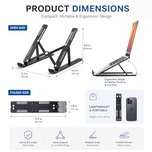 Image of Laptop Stand Adjustable Foldable Metal Laptop Riser Portable Notebook Stand with Multi Angle Positions Desktop Laptop Holder Stand for Desk Use Black