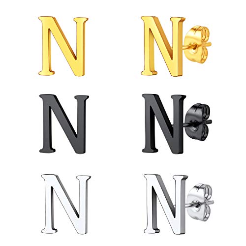 FindChic Allergy Free Initial Earrings 3 Pairs Stud Earrings Set, 18K Gold Plated/Stainless Steel/Black Alphabet A to Z Letter Studs Pack (with Gift B