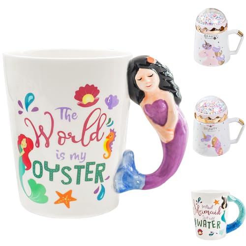 LUKIUP Taza Sirena Linda Taza de café de cerámica con mango de sirena en 3D, 500 ML Novedad...